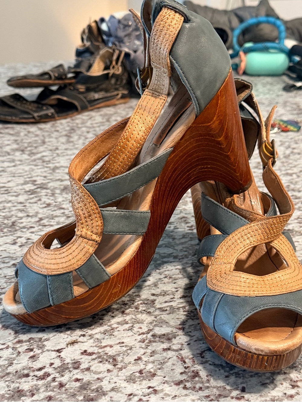 Miz Mooz Leather Weave Wood Bottom Two-Tone Platform Wedge Sandals - Blue & Tan